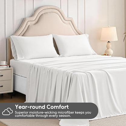 Twin Sheets Set, 3 Pieces Hotel Luxury Soft Microfiber Bed Sheets Set, Up to 16" Deep Pockets, Oeko-Tex Sheets with Elastic, Breathable, Wrinkle Free(White,Twin)