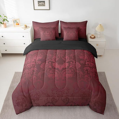 Erosebridal Gothic Damask Bed in a Bag King Size Comforter Set 7 Pieces,Halloween Bat Bedding Sets Red Victorian Floral Goth Sheet Set with Comforter