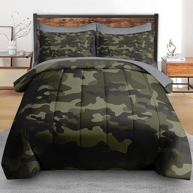 Comforter Set Twin Size, Army Camouflage Camo 5 Pcs Bedding for Kids and Adults, Military French Green Bed Sheet Sets with Fitted Sheet Pillowcase & Sham for Bedroom Bed Decor