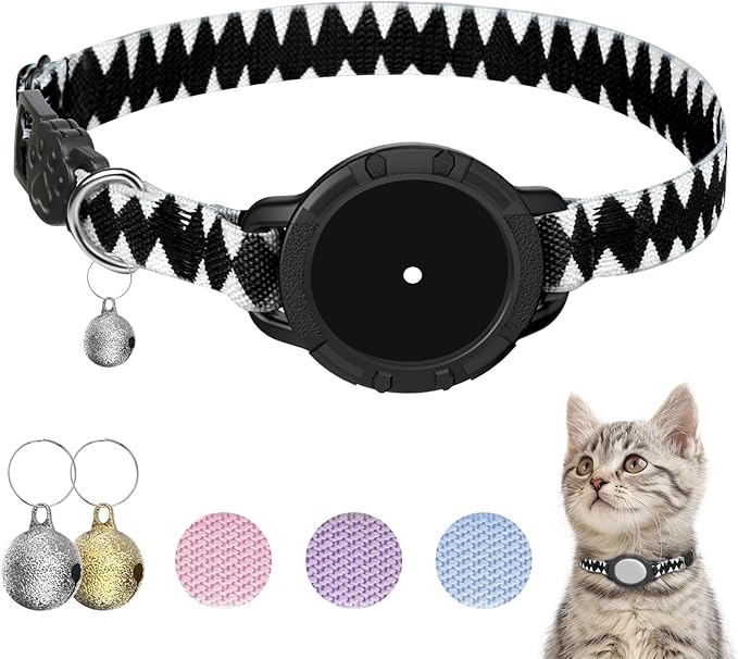 AirTag Cat Collars, Stretchy Collar with AirTag Holder and Bell | Breakaway - Ultra Design Elastic - GPS Tracking Collars - Adjustable Size for Cats & Puppies 7.5-12.5" - (Shark Pattern)