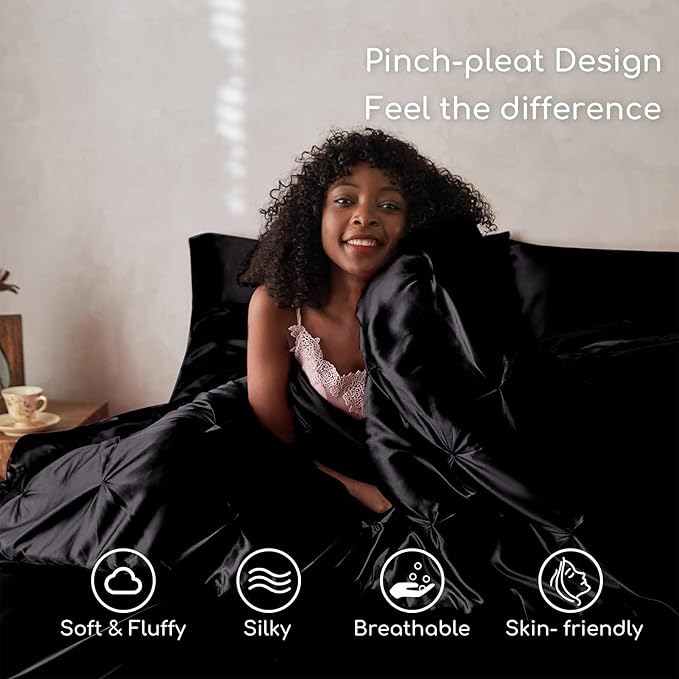 MR&HM Satin Comforter Set Oversized Queen, 7 Piece Bed in a Bag, Silky Soft All Season Bed Set, Luxury Pinch Pleat Bedding Set with Comforter, Sheets, Pillowcases & Shams, Black