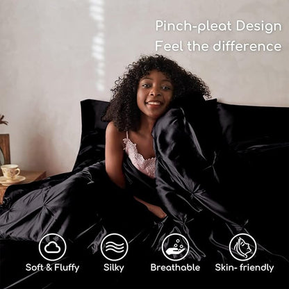 MR&HM Satin Comforter Set Oversized Queen, 7 Piece Bed in a Bag, Silky Soft All Season Bed Set, Luxury Pinch Pleat Bedding Set with Comforter, Sheets, Pillowcases & Shams, Black