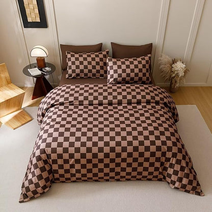 Houseri Brown Plaid Comforter Set California King Chocolate Coffee Color Chessboard Bedding Sets Mocha Buffalo Checkered Bed Quilt Blanket Cal King Size