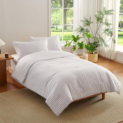 Striped Comforter Set Queen Size Light Tannish Grey White Stripes Bedding Set for All Season, 3 Pieces Lightweight Bedding Comforter Sets with 2 Pillowcases