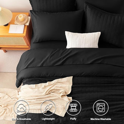 CozyLux Oversized King Comforter Set Black Seersucker 7 Pieces 120x98 Bed in a Bag Comforter Set with Sheets, Luxury Soft Bedding Sets with Down Alternative Comforter, Sheets, Pillowcases & Shams