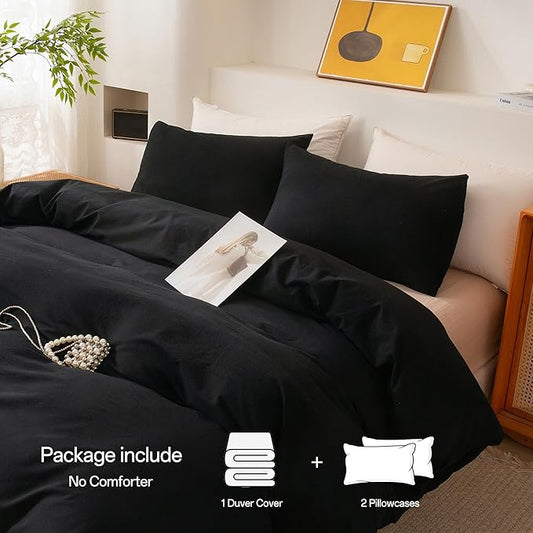 ECOCOTT 3 Pieces Duvet Cover King Size 100% Washed Cotton 1 Duvet Cover with Zipper and 2 Pillowcases, Ultra Soft and Easy Care Breathable Cozy Simple Style Bedding Set (Black,King)