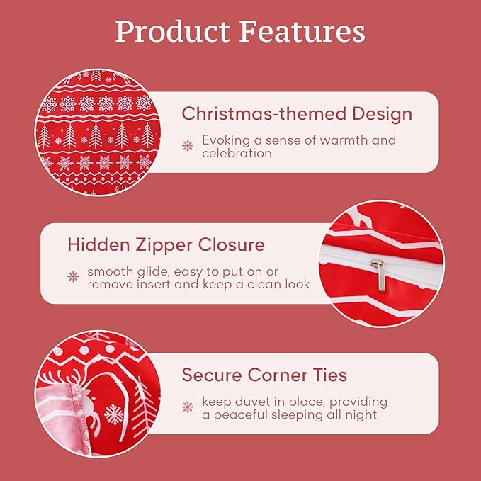 JSD Vintage Christmas Duvet Cover Set King Size, 3 Piece Red Snowflakes Reindeer Snowflakes Printed Microfiber Duvet Comforter Cover with Pillow Sham