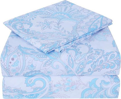 JSD Blue Paisley Sheet Set Cal King, 4 Piece Soft Floral Printed Microfiber Sheets Extra Deep Pocket
