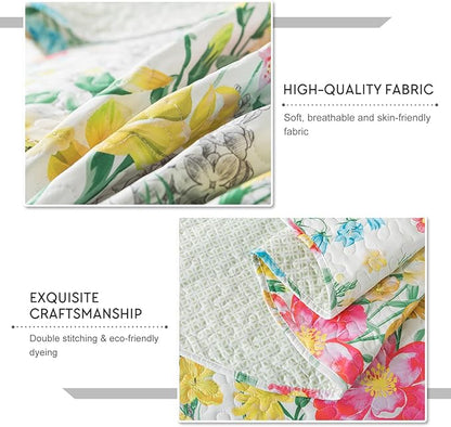 Travan Floral Quilt King Quilt Bedding Set, Ultra Soft Reversible Microfiber King Size Quilt Set with 1 Quilt Set and 2 Shams Yellow Flower Coverlet Set for All Season, Coreopsis-Yellow