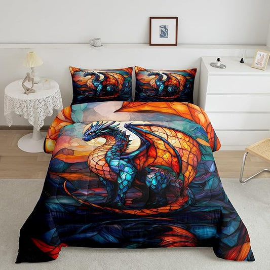 Feelyou Dragon Comforter Set Twin Size Dragon Stuff Comforter for Boys Girls Teens Wild Life Bedding Set Dragon Decor Duvet Set Room Decor Orange Blue Quilt Set