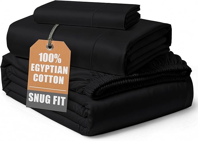 LANE LINEN 100% Egyptian Cotton Twin Sheet Set, Fully Elasticized Reinforced Seams Extra Deep Pocket Twin Sheets, No Pill Fade Resistant Cooling Bedding Sheets & Pillowcase Set - Black