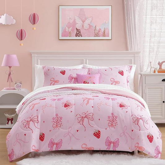 Full Size Comforter Set for Girls - 4 Pieces Pink Bow Full Bedding Sets for Kids,1 Comforter, 2 Shams and 1 Decor Pillow