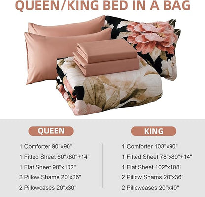 Dobuyly Black King Size Comforter Set 7 Piece Bed in a Bag, Pink Floral Printed on Black Comforter Set with Sheets, Soft Microfiber Botanical Flower Bedding Set for All Season