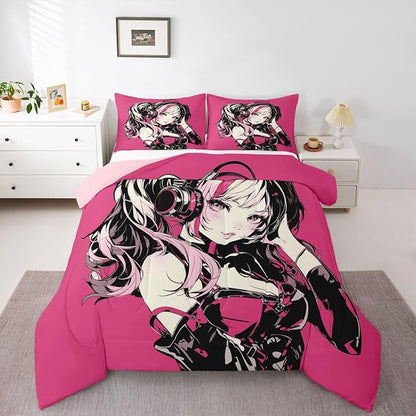 Erosebridal Pink Anime Girls Bedding Cartoon Japanes-Style Comforter Set King, Graffiti Street Culture Bed Comforter Set for Kids Teens Youth Watercolor Hippie Style Duvet Set 3Pcs
