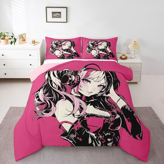 Erosebridal Pink Anime Girls Bedding Cartoon Japanes-Style Comforter Set King, Graffiti Street Culture Bed Comforter Set for Kids Teens Youth Watercolor Hippie Style Duvet Set 3Pcs