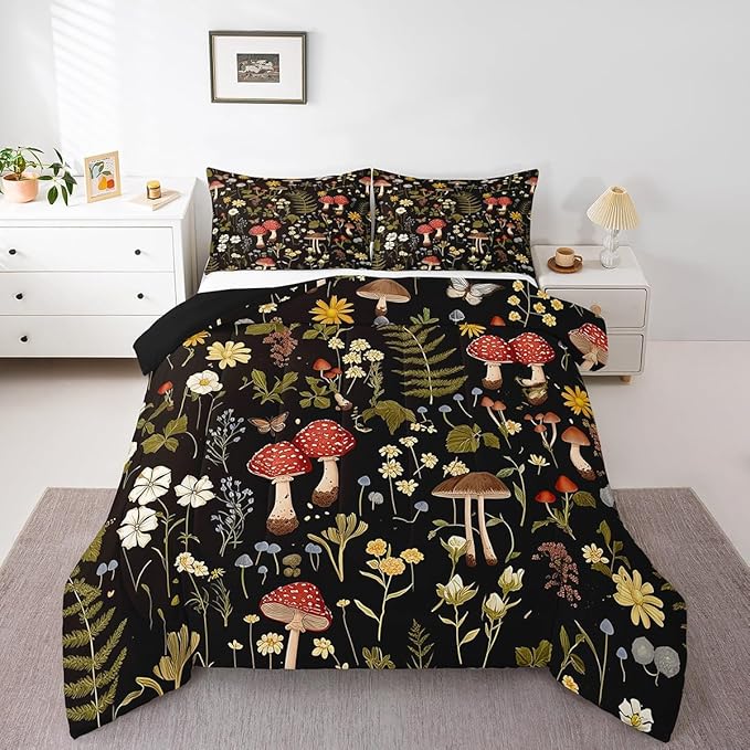 Feelyou Mushroom Comforter Set Toddler Size Boho Comforter Western Decor Bedding Set Southwest Native American Design Duvet Set Room Decor Bronze Black Quilt Set