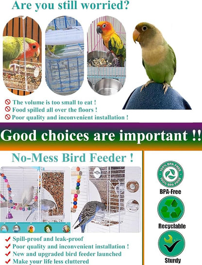 Kenond No Mess Bird Feeders Water Dispenser Set，Automatic Feeders for Cage | Automatic Parrot Feeder Cage Accessories, Clear Seed Container Food Drinker for Cage, for Cockatiel Lovebirds Budgies Canary