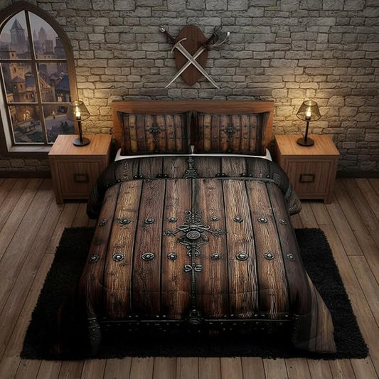 Castle Fairy Medieval Themed Wall Bed Comforter Set Queen Size,Knight Walls Super Soft Microfiber Bedding Set for Kids Room Decor,Retro Wooden Board Comforter Set,2 Pillowcases