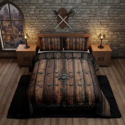 Castle Fairy Medieval Themed Wall Comforter Set King Size,Retro Wooden Board Down Alternative Adults Bedroom Decor,Knight Walls Ultra Soft Microfiber Inner Fill 3Pcs Bedding