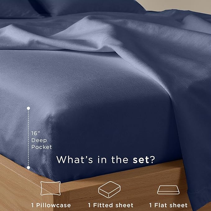 Threadmill Cotton Twin Sheet Set | 100% Cotton Sheets for Twin Size Bed | Solid Sateen Twin Bed Sheets Set with 16” Deep Pocket | Soft Breathable 3-Piece Cooling Sheet Set | Folkstone Blue