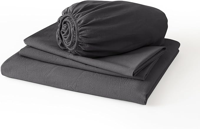 JIYUAN King Size Sheet Set, 4-Piece - 100% Washed Cotton, Linen-Like Soft & Breathable, Includes Deep Pocket Fitted & Flat Sheet with 2 Pillowcases, Hotel Quality, Heathered Dark Grey