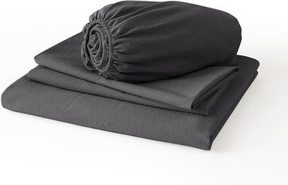 JIYUAN Queen Size Sheet Set, 4-Piece - 100% Washed Cotton, Linen-Like Soft & Breathable, Includes Deep Pocket Fitted & Flat Sheet with 2 Pillowcases, Hotel Quality, Heathered Dark Grey