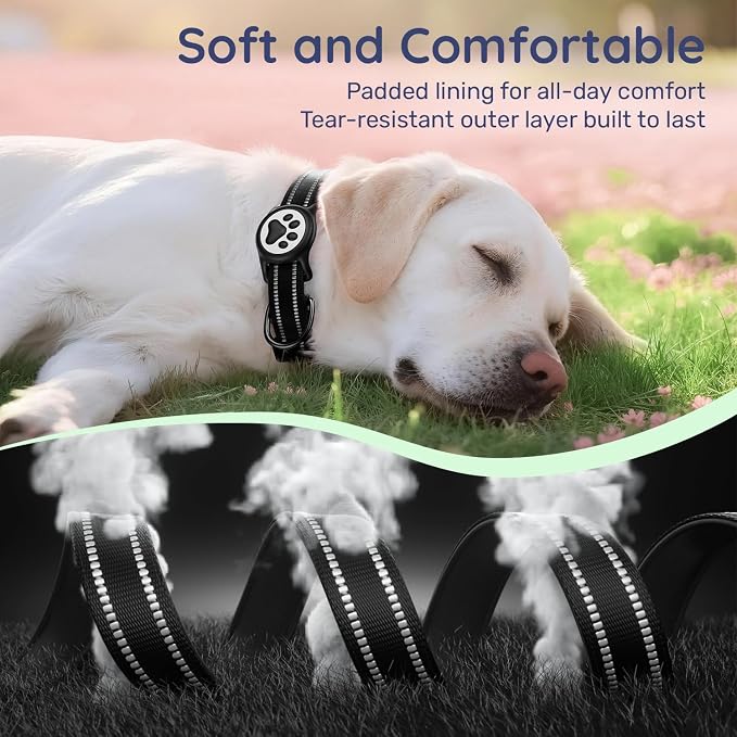 Airtag Dog Collar, Reflective Ultra-Durable Nylon Padded with QR Buckle & IP68 Waterproof Air Tag Holder Compatible for Apple AirTag, Comfortable for Small Medium Large Dogs (Black, XL)