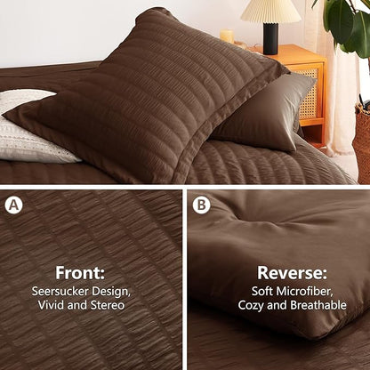 CozyLux Full Size Comforter Sets with Sheets 7 Pieces, Brown Seersucker Bed in a Bag Textured Luxury Soft Bedding Sets with Down Alternative Comforter, Sheets, Pillowcases & Shams for All Seasons