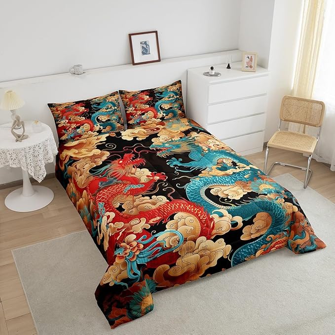 Chinese Loong Comforter Set Toddler Size,Propitious Cloud Bedding Set for Kids Teens,Dragon Exotic Chinese Style Down Comforter,2 Pcs 1 Pillowcase