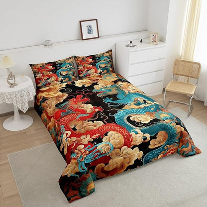 Castle Fairy Propitious Cloud Boys Girls Comforter Set Full Size,Chinese Loong Duvet Set Teens Bedroom Decor,Dragon Exotic Chinese Style Microfiber Soft Bedding