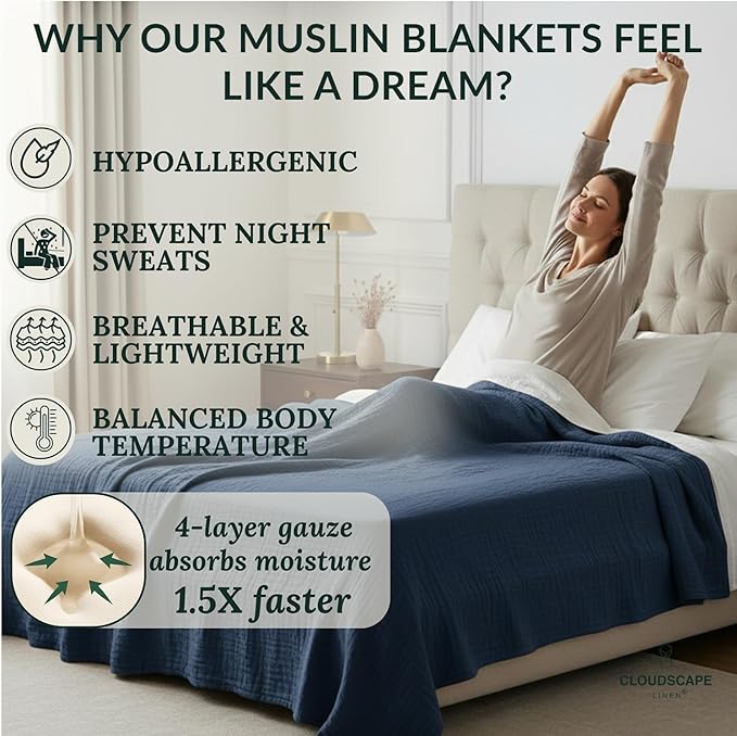 CLOUDSCAPE 100% Cotton 4 Layer Muslin Blanket Queen Size, Oversized, 92x92 Fits Upto Full Size Bed, Soft Breathable, Lightweight Layering, Summer Blanket for Adults, Spring Gift Idea - Ensign Blue