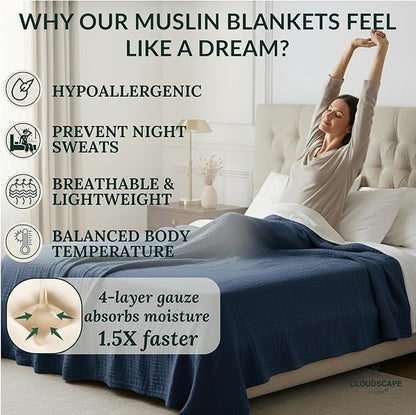 CLOUDSCAPE 100% Cotton 4 Layer Muslin Blanket Queen Size, Oversized, 92x92 Fits Upto Full Size Bed, Soft Breathable, Lightweight Layering, Summer Blanket for Adults, Spring Gift Idea - Ensign Blue