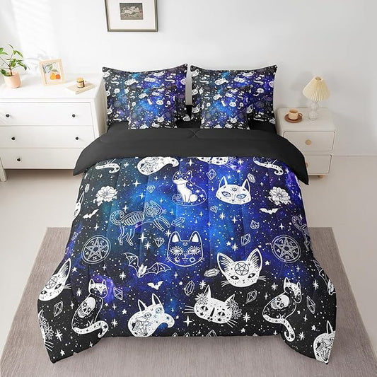 Gothic Cat Skull Comforter Set 7 Pieces Twin Size,Blue Galaxy Starry Bedding Set for Kids,Boho Constellation (Comforter+Fitted+Flat Sheet+2 Pillowcases+2 Throw Pillow Covers)