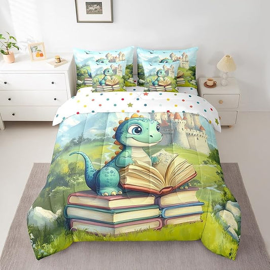 Kawaii Dinosaur Comforter Set Full Size,Castle Mountain Scenery Bedding Set for Kids Teens,Cartoon Wild Animal (Comforter+Fitted+Flat Sheet+2 Pillowcases+2 Throw Pillow Covers) 7 Pieces