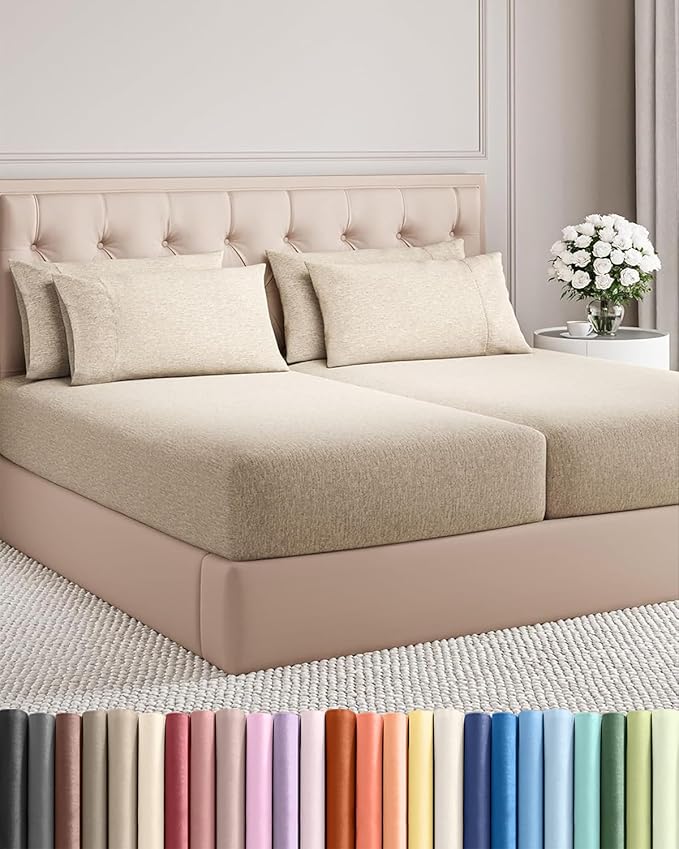 Split King 7 Piece Sheet Set - Comfy Breathable & Cooling - Soft Hotel Luxury Bedding Set w/ 8-16 Inch Deep Pockets - 1 Flat & 2 Fitted Sheet & 4 Pillowcases - Cozy & Wrinkle Free - Heathered Beige