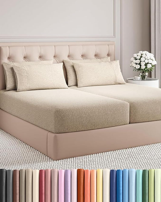 Split King 7 Piece Sheet Set - Comfy Breathable & Cooling - Soft Hotel Luxury Bedding Set w/ 8-16 Inch Deep Pockets - 1 Flat & 2 Fitted Sheet & 4 Pillowcases - Cozy & Wrinkle Free - Heathered Beige