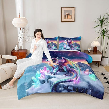 Feelyou Dragon Kids Comforter Set King Size Dragon Stuff Bedding Set Wild Life Duvet Quilt for Kids Boys Girls Bedroom Magic Wildlife Decor Purple Bluish Microfiber Ultra Soft Breathable
