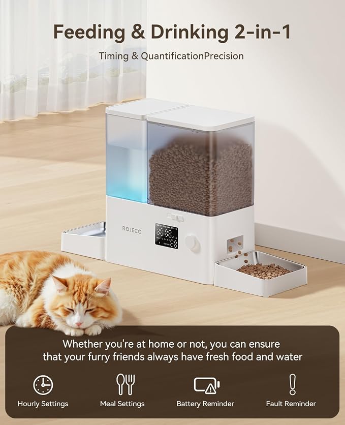 Automatic Cat Feeder and Water Dispenser,2-in-1 Large Capacity 5L cat Food Bowl and 3.5L Gravity Water Dispenser,Timed Cat Feeder for Cats Small Dogs Puppies Kittens Pets
