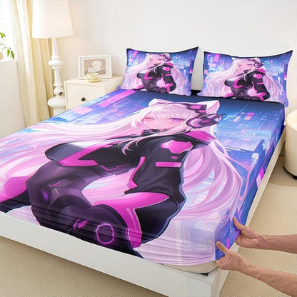 Erosebridal Queen Anime Girl Bed Sheets 3 Piece, Kawaii Japanese Anime Bedding Set Cartoon Girl Fitted Sheet Sci Fi Style Japanese Animation Sheets for Kids Girls Teens Adult Room