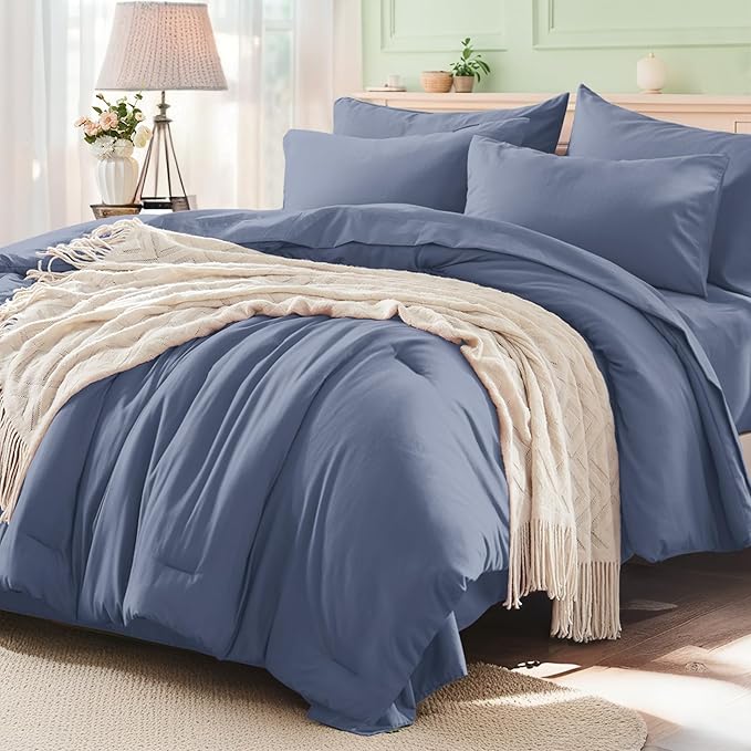 Anluoer Grayish Blue Queen Comforter Set 7 Pieces, Bed in a Bag with Sheets, All Season Bedding Sets with 1 Comforter, 2 Pillow Shams, 2 Pillowcases, 1 Flat Sheet, 1 Fitted Sheet