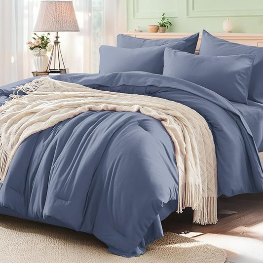 Anluoer Grayish Blue California King Comforter Set 7 Pieces, Bed in a Bag with Sheets, All Season Bedding Sets with 1 Comforter, 2 Pillow Shams, 2 Pillowcases, 1 Flat Sheet, 1 Fitted Sheet