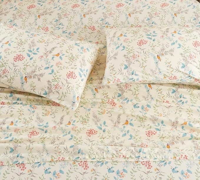 DAUAOTO Cotton Sheets Set California King Printed Bedding Sets, Bird Botanical Pattern Bedlinen for Cal King Bed Up to 14" Deep Mattress Cream