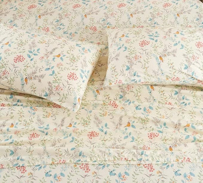 DAUAOTO Cotton Sheets Set California King Printed Bedding Sets, Bird Botanical Pattern Bedlinen for Cal King Bed Up to 14" Deep Mattress Cream