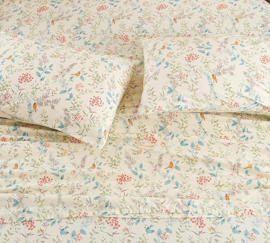 DAUAOTO Cotton Sheets Set California King Printed Bedding Sets, Bird Botanical Pattern Bedlinen for Cal King Bed Up to 14" Deep Mattress Cream
