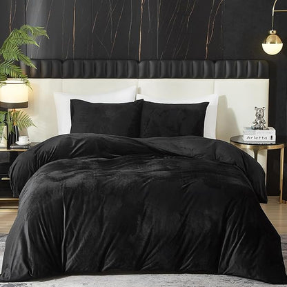 Ivellow Velvet Duvet Cover King Set Black Velvet Duvet Cover King Comforter Cover 3Pcs Ultra Soft Duvet Cover Breathable Solid Luxury Flannel Velour Duvet Cover Zipper Closure Corner Tie