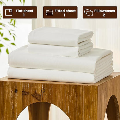 Bedlifes 100% French Pure Linen Sheets King Size Breathable and Cooling Flax Sheet Set Soft Durable and Moisture Wicking 16 Inch Deep Pocket-4 Piece(King,White)