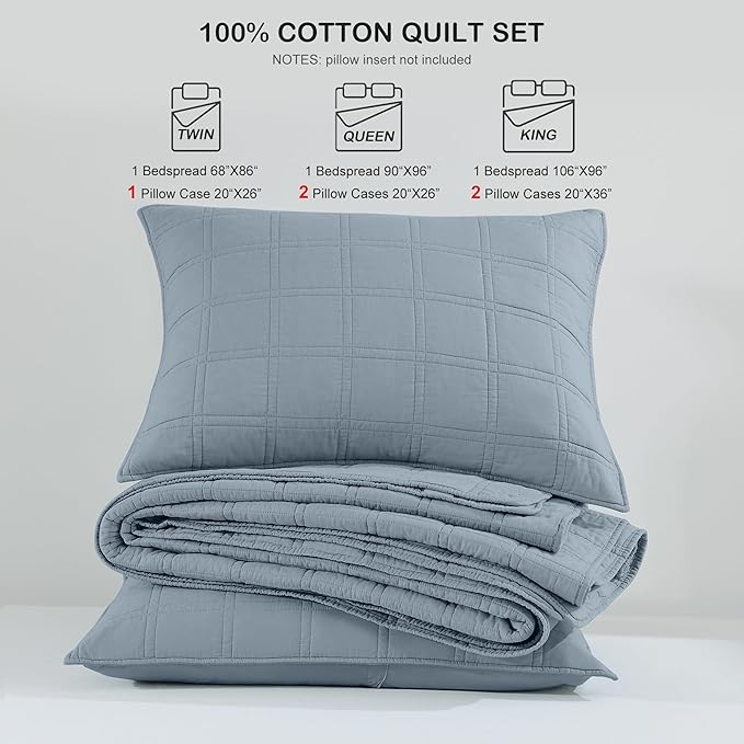 HORIMOTE HOME 100% Cotton Quilt Set King Size, Adriatic Blue Pre-Washed Bedspreads Coverlet Set in Geometric Pattern, Cozy Lightweight Stitching Decorative Bedding Cover with 2 Shams for All Season