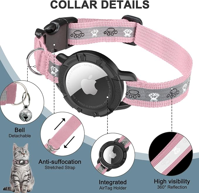 Reflective AirTag Cat Collar, Integrated Cat Collar with Air Tag Holder | Built in AirTag Holder, Adjustable 7-13in for Cats, Kittens and Puppies, Safety Elastic Band, Reflective for Night Walking