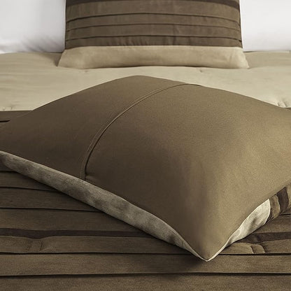 Madison Park Palmer Comforter Set - Faux Suede Design, Striped Accent, All Season Down Alternative Bedding, Matching Shams, Decorative Pillow, Bed Skirt, King (104 in x 92 in), Natural 7 Piece
