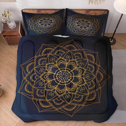 King Size Comforter Set with 2 Pillowcases, Navy Blue Boho Gold Mandala Soft 3 Pcs Bedding for Kids and Adults Bedroom Bed Decor